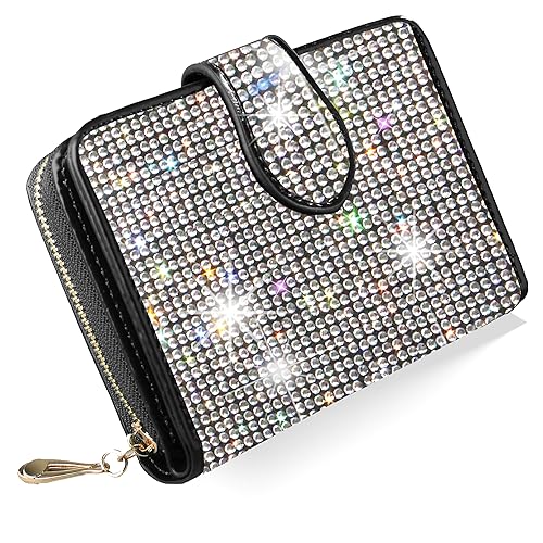 Bling Rhinestone Small Womens Wallet Girls Clutch Artificial Diamond Purse Credit Card ID Coin Holder W/Zipper Silver/White