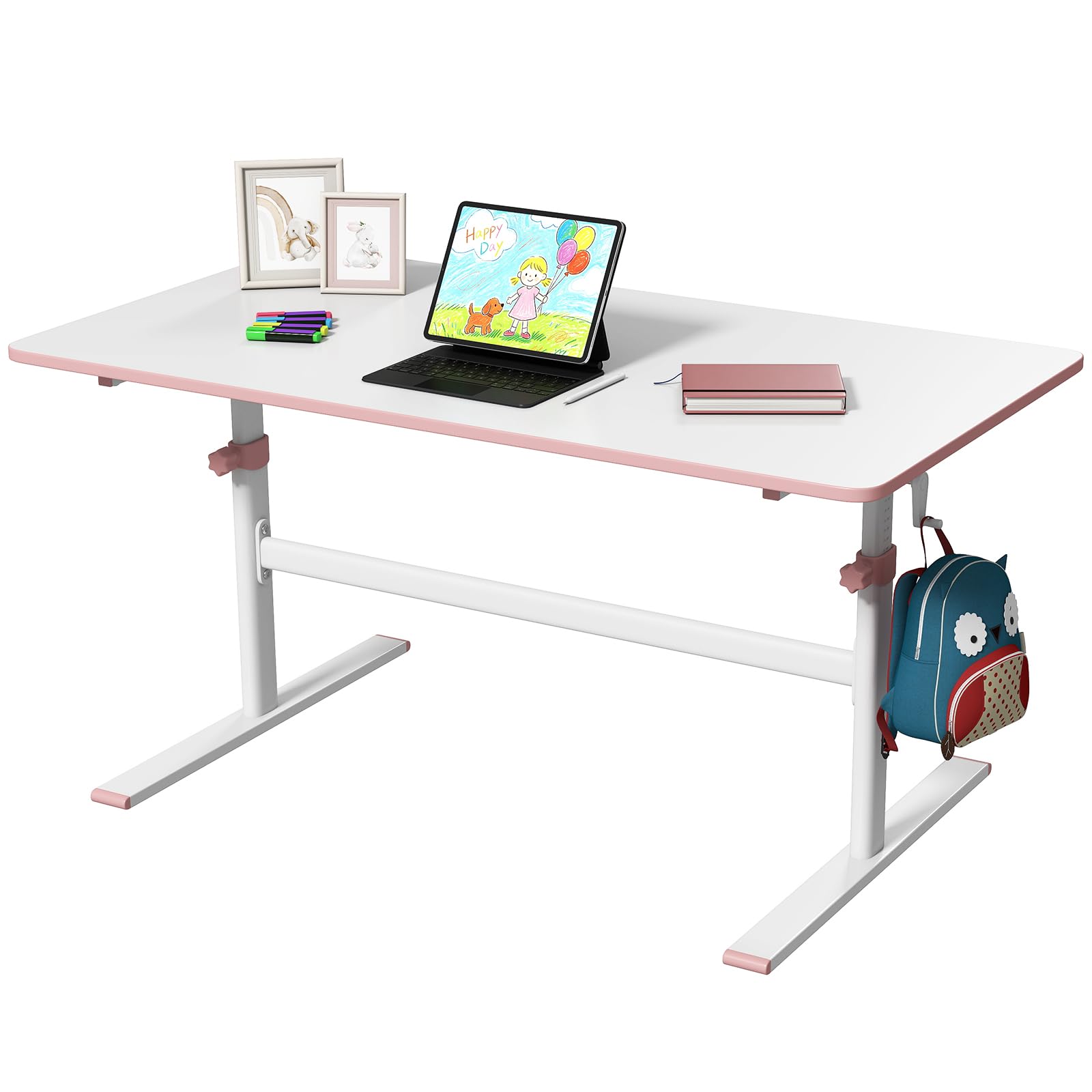 JOYLDIAS Kinderschreibtisch höhenverstellbar 110×60 cm, Rosa | Tischplatte mit Kurbel, blendfreie Oberfläche, Einklemmschutz, abgerundete Ecken