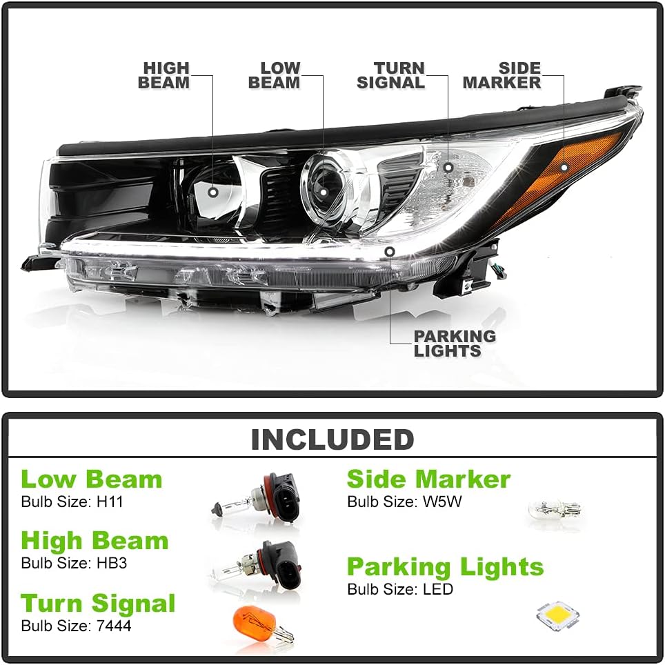 ACANII - For [LED DRL Model Only] 2017 2018 2019 Toyota Highlander LED DRL Projector Headlights Headlamps Set Left+Right