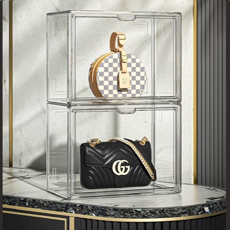 Clear Plastic Handbag Storage Organizer Stackable Storage Box with Magnetic Door Anti Dust Plastic Closet Container Bin Box Acrylic Display Case for Clutch Wallet Book Collectibles Toys (PACK OF 2)