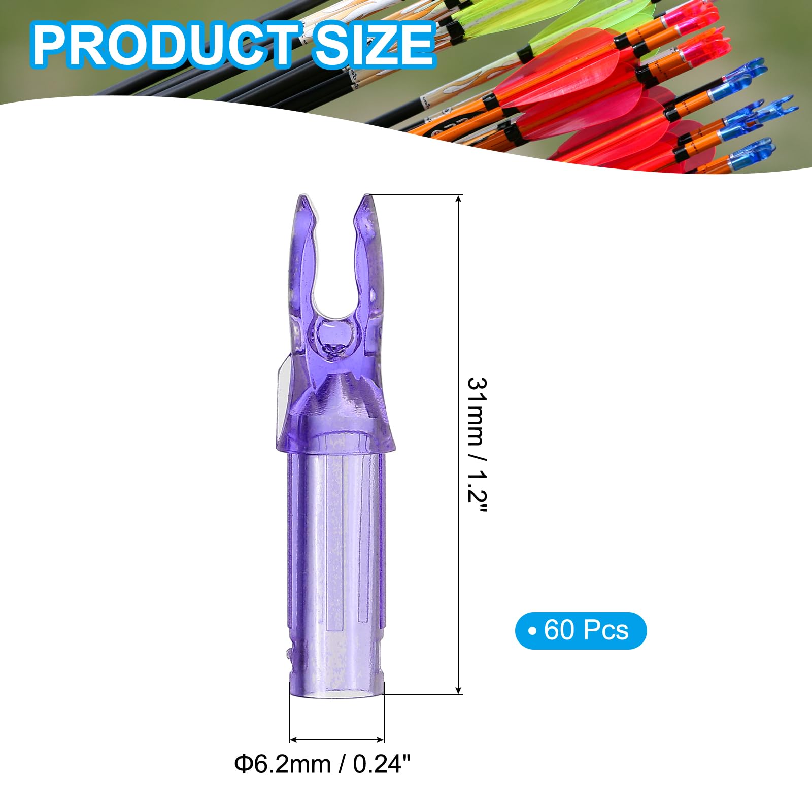 QUARKZMAN Archery Arrow Nocks Plastic Carbon Arrow Inserts .244"/6.2mm para DIY Hunting Shooting Compound Recurve Bow (Transparent Purple, Pack of 60)