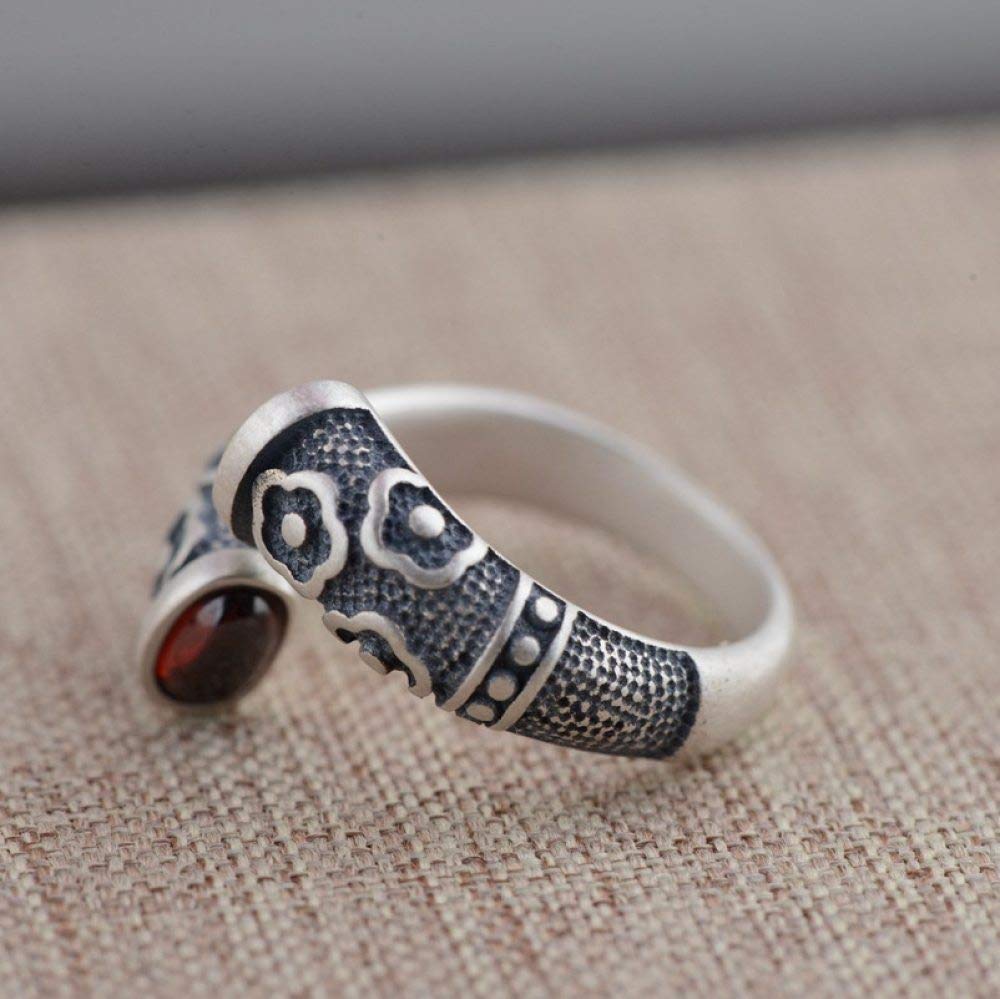 Einstellbare Ring Frauen,S925 Sterling Silber Retro Distressed Flowers Eingelegte Rote Zirkonia Ethnische Verstellbare Open Knuckle Schwanz Ring Finger Joint Zehenring Schmuck Für Frauen Mädchen G