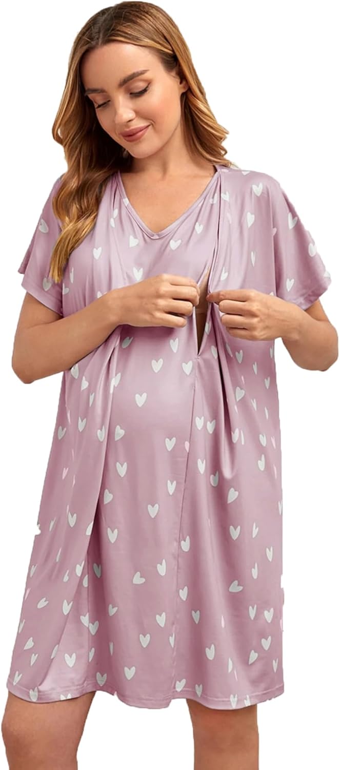SWOMOG Nursing Nightgown 3 in 1 Labor and Delivery Hospital Gown Maternity Dress Short Sleeve Birthing Robe for Breastfeeding