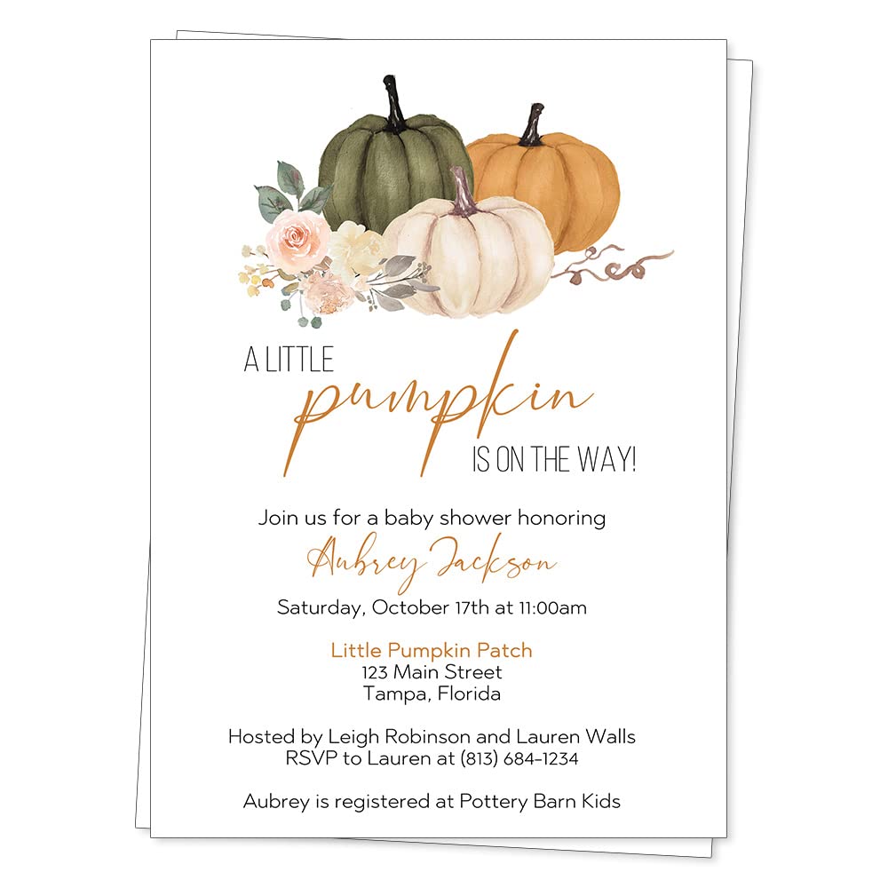 Pumpkin Baby Shower Invitations Floral Autumn Fall Pumpkins Sprinkle Sage Olive Green Orange Floral Customize Personalize Printed Cards (12 count)