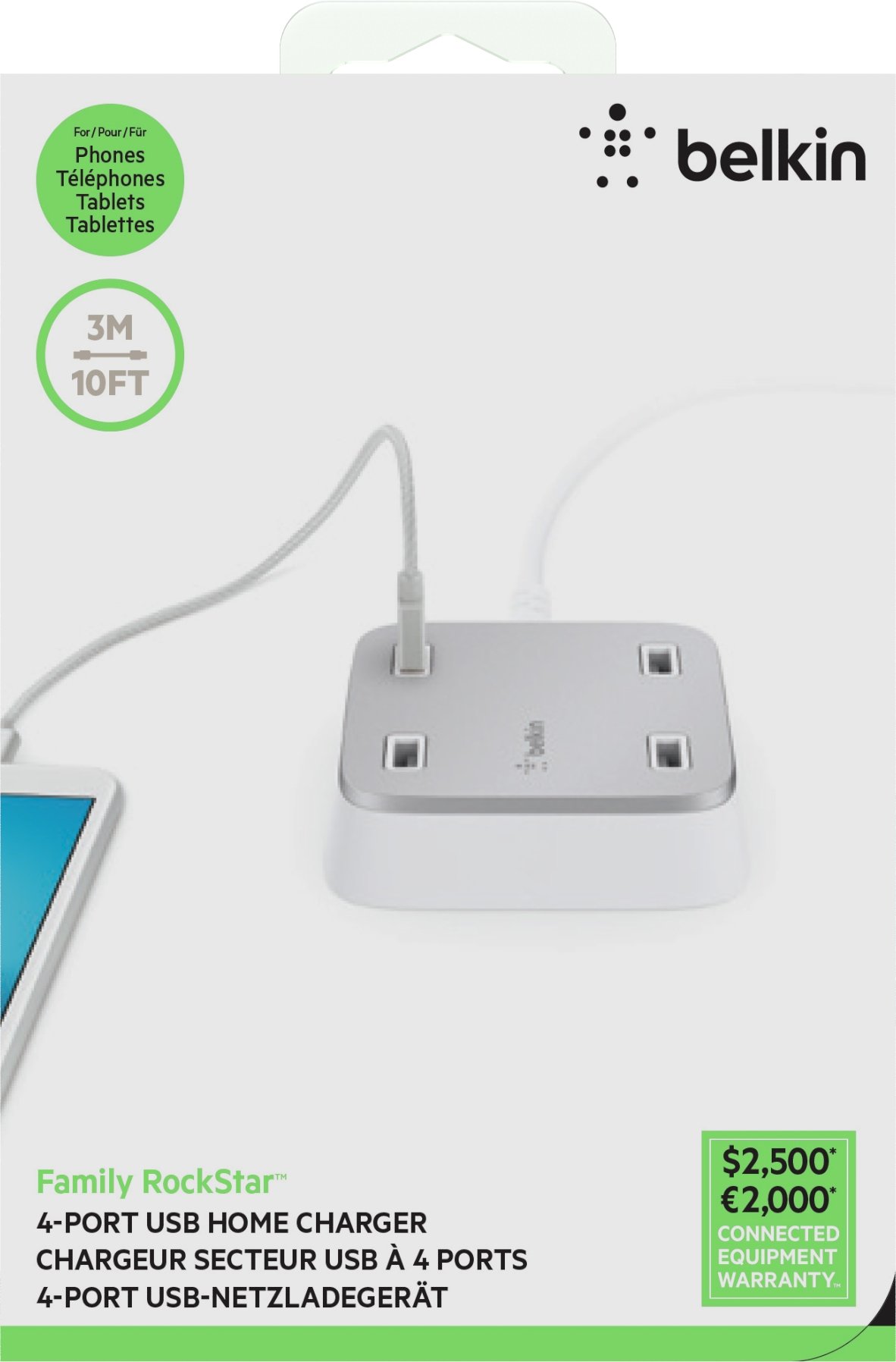 Belkin F8M990vfWHT Rockstar Caricabatteria da Casa a 4 Prese USB, bianco