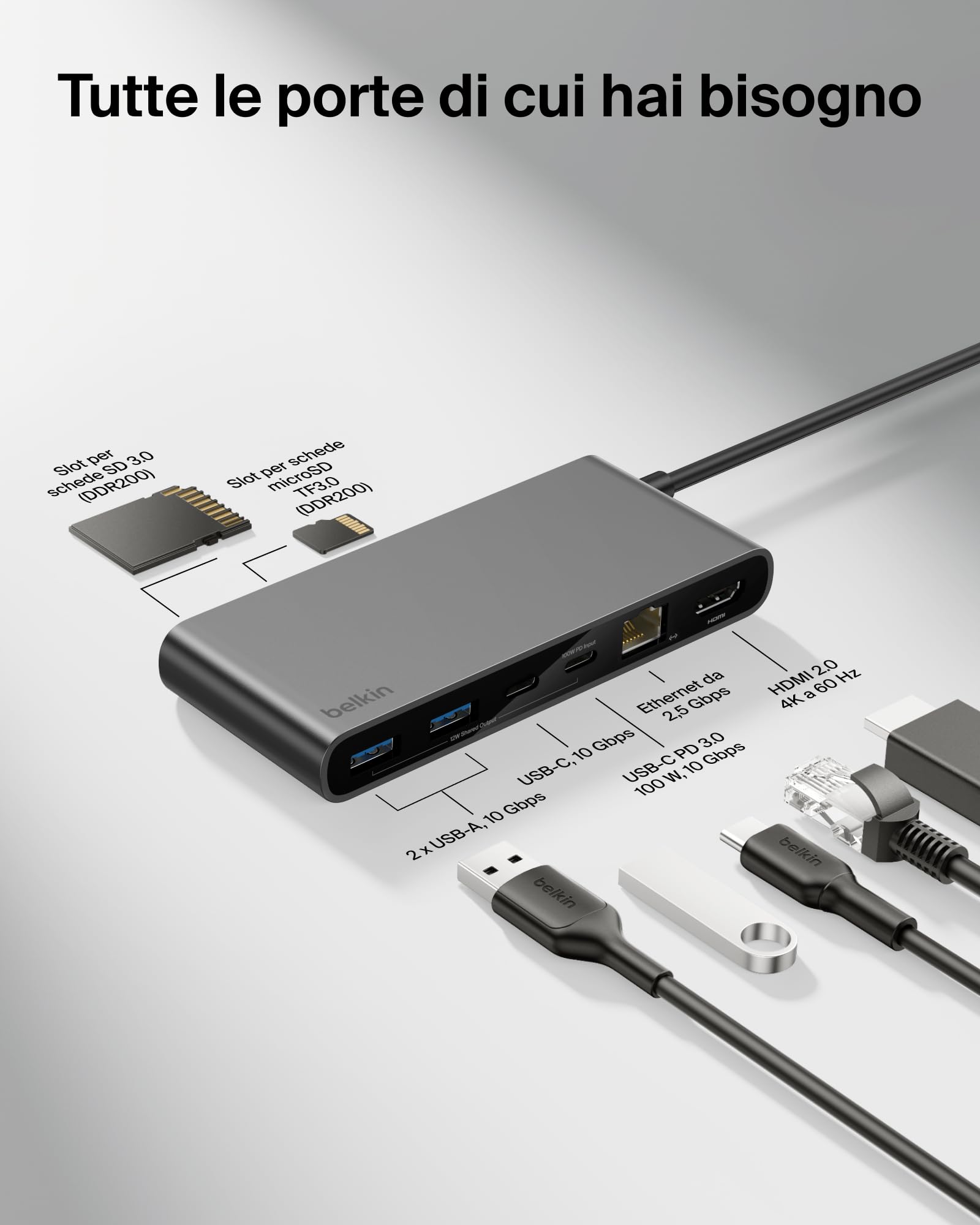 Belkin Connect Hub USB C a 8 Porte, Supporta Display con Risoluzioni Fino a 4K a 60 Hz, Funziona con Mac, Windows e Chromebook, 100W PD con Trasferimenti dati di 10Gbps ed Ethernet 2,5 Gbps - Grigio