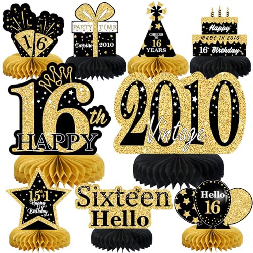 Image of 9Pcs Black Gold 16th Birthday Decorations Honeycomb Centerpieces for Boys Girls,Happy 16th Birthday Centerpieces Tables Toppers Party Decorations Supplies 16th Table Sign Decor