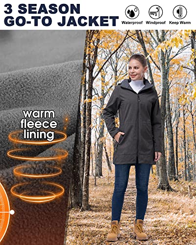 33,000ft Softshelljacke Damen Lange Übergangsjacke Wasserdicht Winddicht Softshellmantel Windbreaker Atmungsaktiv Wanderjacke Outdoor Mantel mit Abnehmbarer Kapuze Dunkelgrau, 40