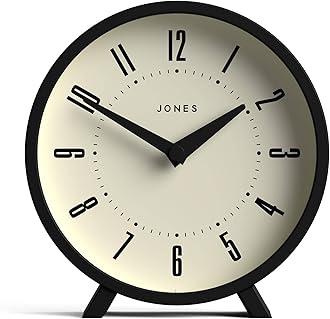 JONES CLOCKS® Venus Desk Clock | Modern Round Design | Black | Stylish Retro Look for Shelf, Table, Mantel or Bedside