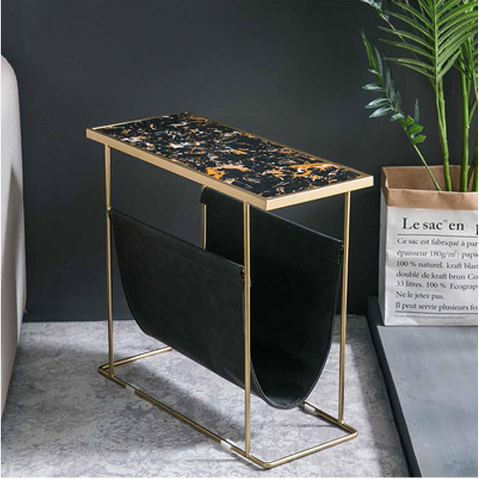 SXZenSpace Bedside Tables Side Table End Wrought Iron Marble Rectangular Tea Coffee Sofa Living Room Vintage Accent with Pocket,Black