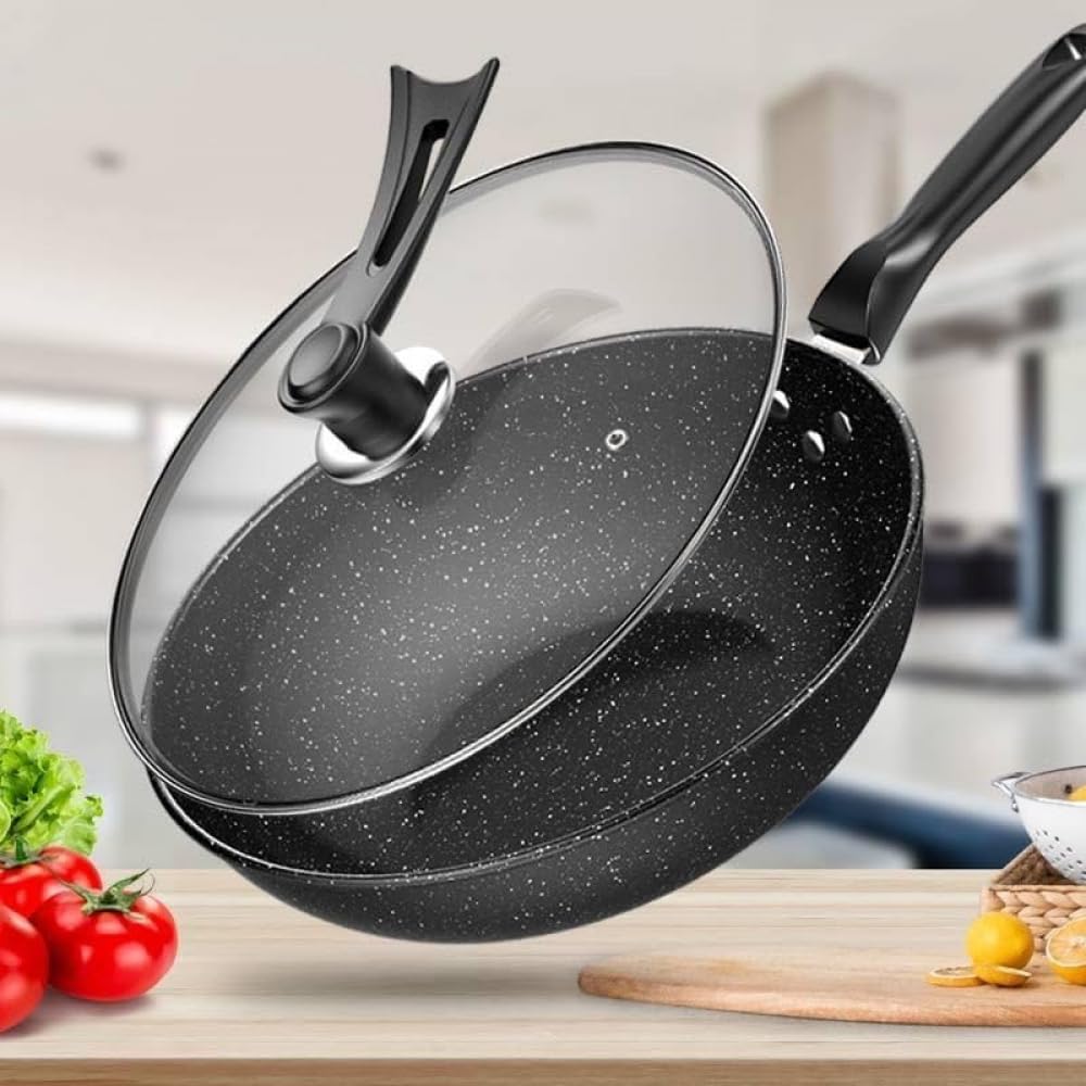Czarny płaski spód nieprzywierający wok, 11-calowe patelnie do smażenia z powłoką z granitu, nowoczesne medyczne woki z wielowarstwową powłoką i uchwytem Stay Cool, do kuchen(30cm)