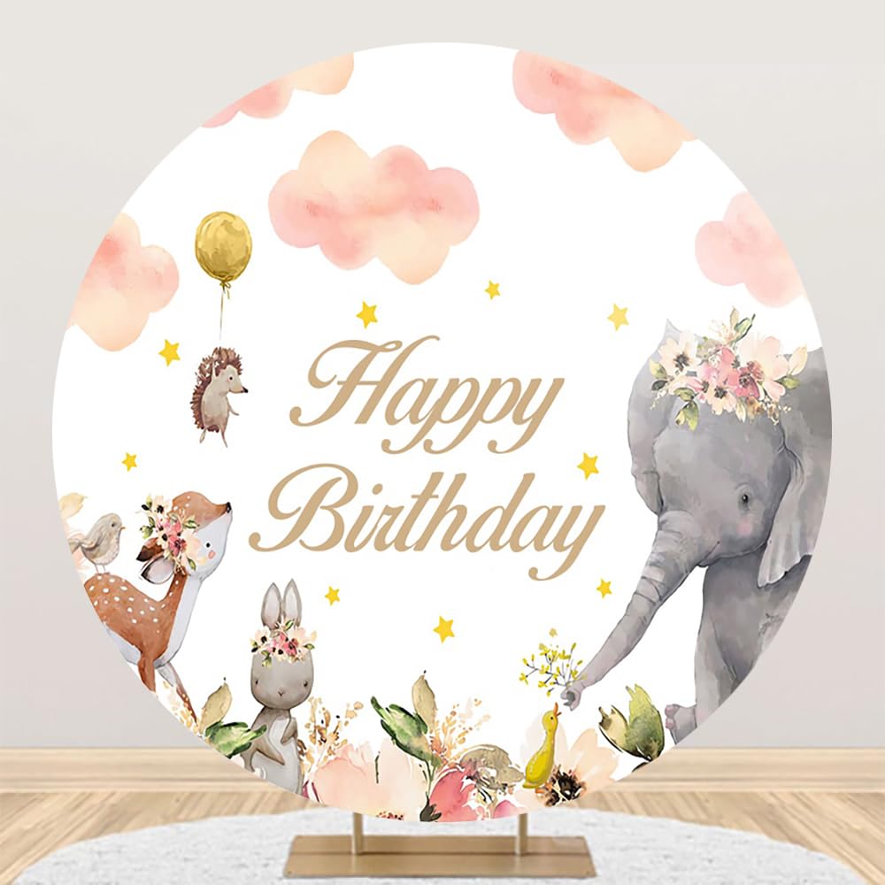 Ttinccer Felice Compleanno Sfondo 220cm Bambino Doccia Cartone Animato Elefante Coniglio Fotografia Sfondo Rosa Nuvola Fiore Oro Stella Ragazza Compleanno Rotondo Copertura di Sfondo