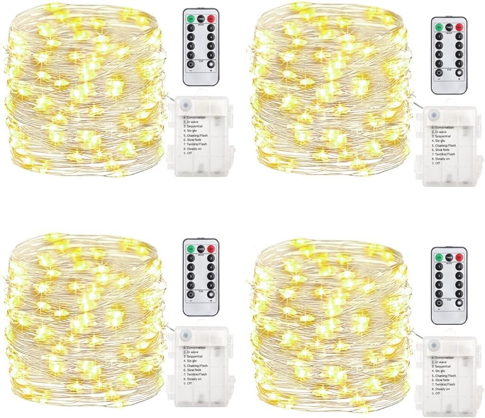GDEALER 4 Pack 16.4 Feet 50 Led Fairy Lights Battery Operated with Remote Timer Waterproof Silver Wire Twinkle Christmas String Lights Outdoor Indoor 8 Modes for Bedroom Wedding Dorm Decor Warm White 4 Pack Warm White- Silver Wire