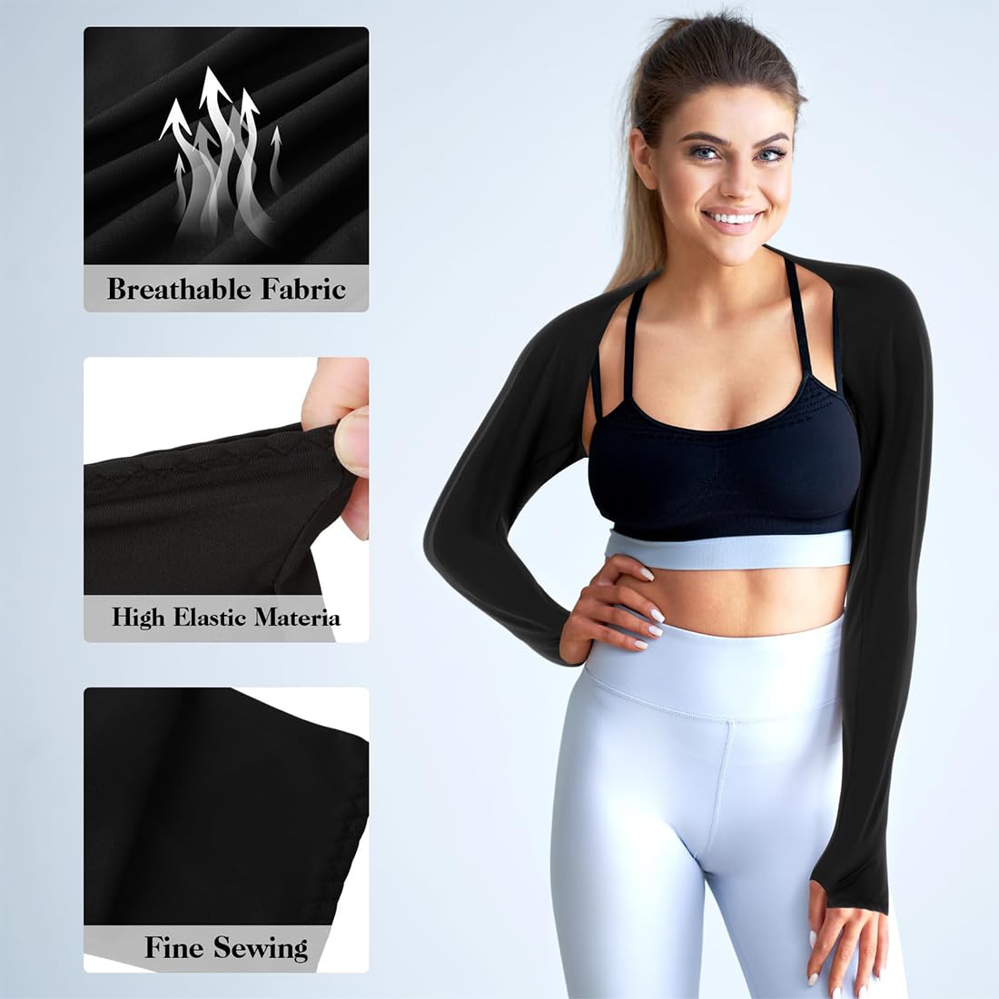 Armstulpen Damen, UV-Schutz Bolero, Kühlende Arm Sleeve, Kurze Sonnenschutzoberteile, Kühlschal Armmanschettes, Kühlschal Armmanschetten mit Fingerlöchern, Fingerlose Handschuhe Ärmel (Schwarz)