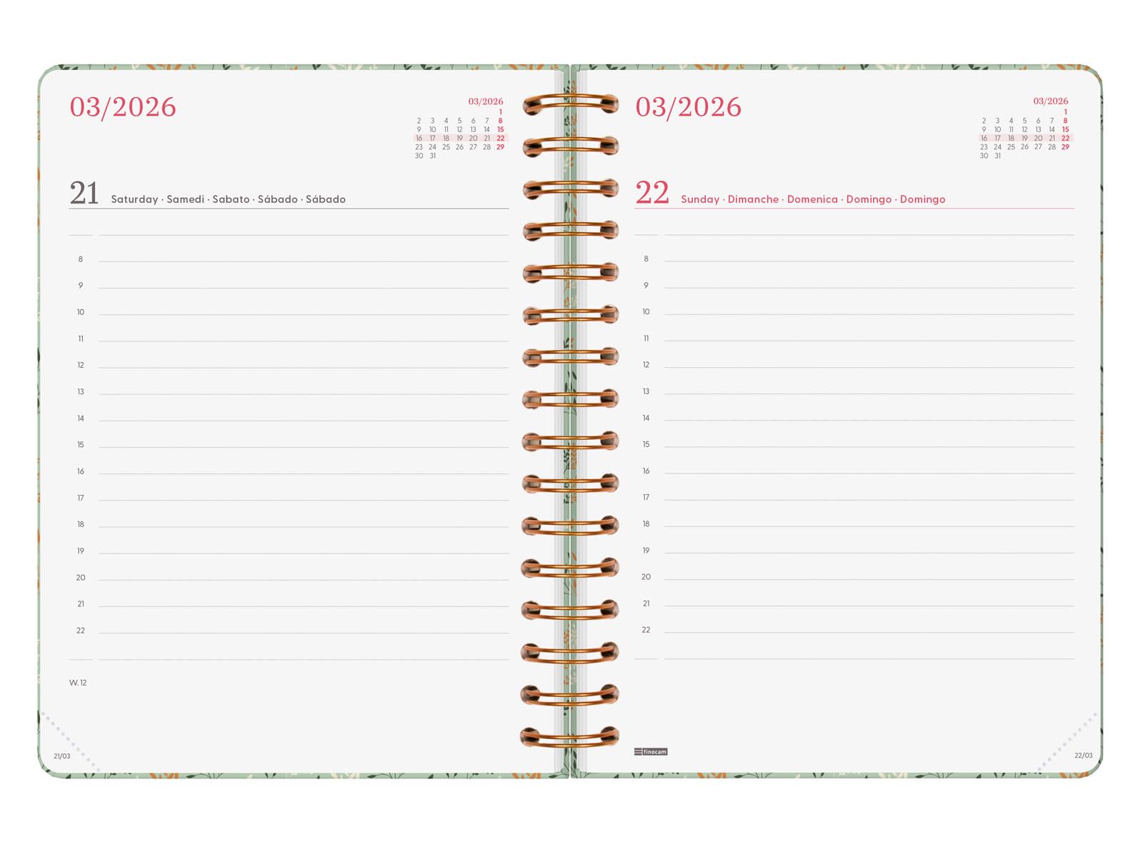 Agenda Spirale 2026 - 1 Jour Par Page - Couverture Rigide Avec élastique - Janvier à Décembre - Multilingue (FR, EN, DE, ES, IT, PT) - 2