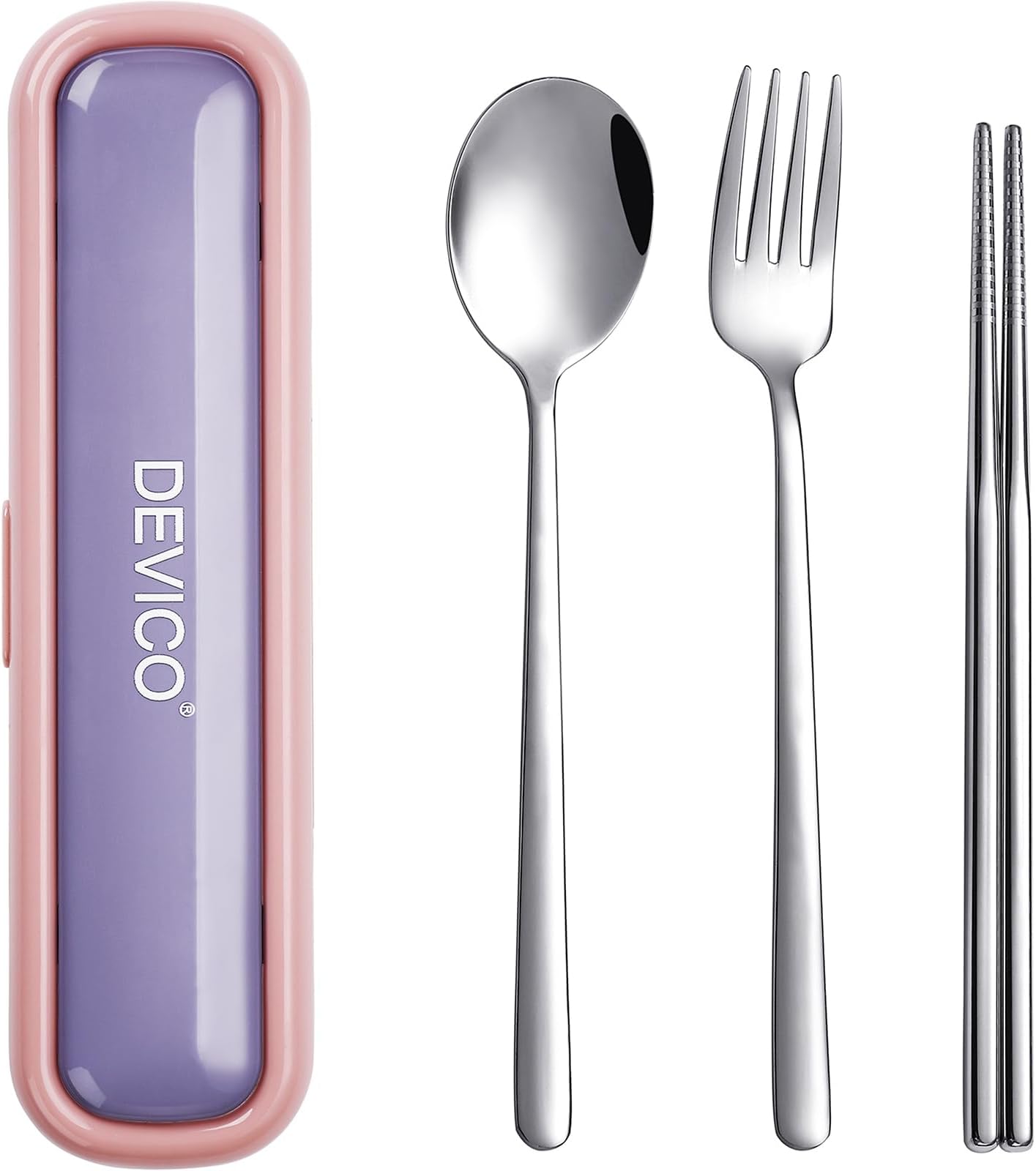 Utensils for Lunch Box, DEVICO Travel Silverware Set with Case, Portable Camping Cutlery, 18/8 Stainless Steel Reusable Korean Spoon Fork Chopsticks for School, Office, Dishwasher Safe (Pink-Purple)