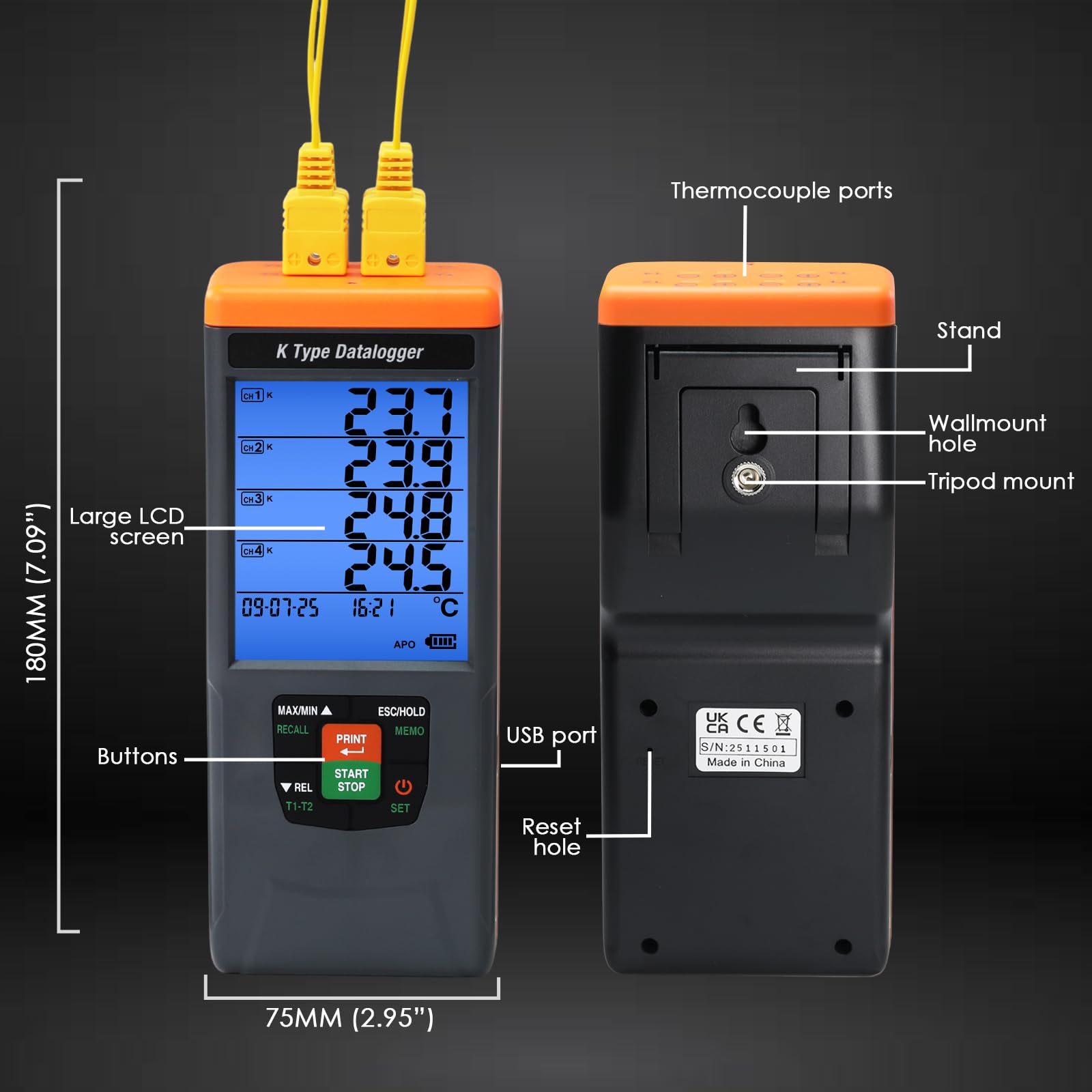 Digitales 4-Kanal-Thermometer – -200°C Bis 1370°C, 48.000 Daten, Alarm, LCD, Für Labor & Industrie