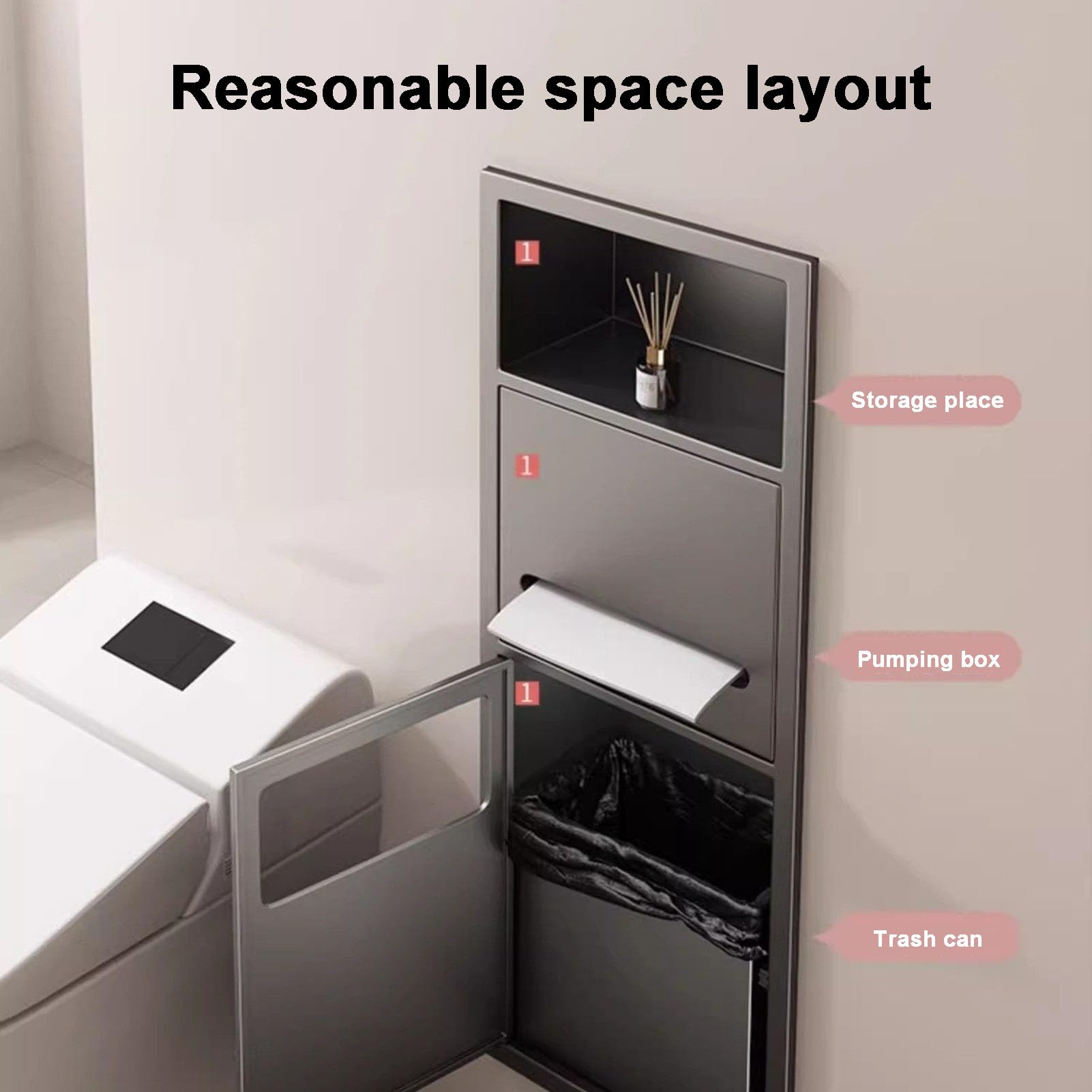 Mensola da parete in acciaio inox con cestino integrato impermeabile, porta accessori da bagno, dispenser di carta igienica e portascopino