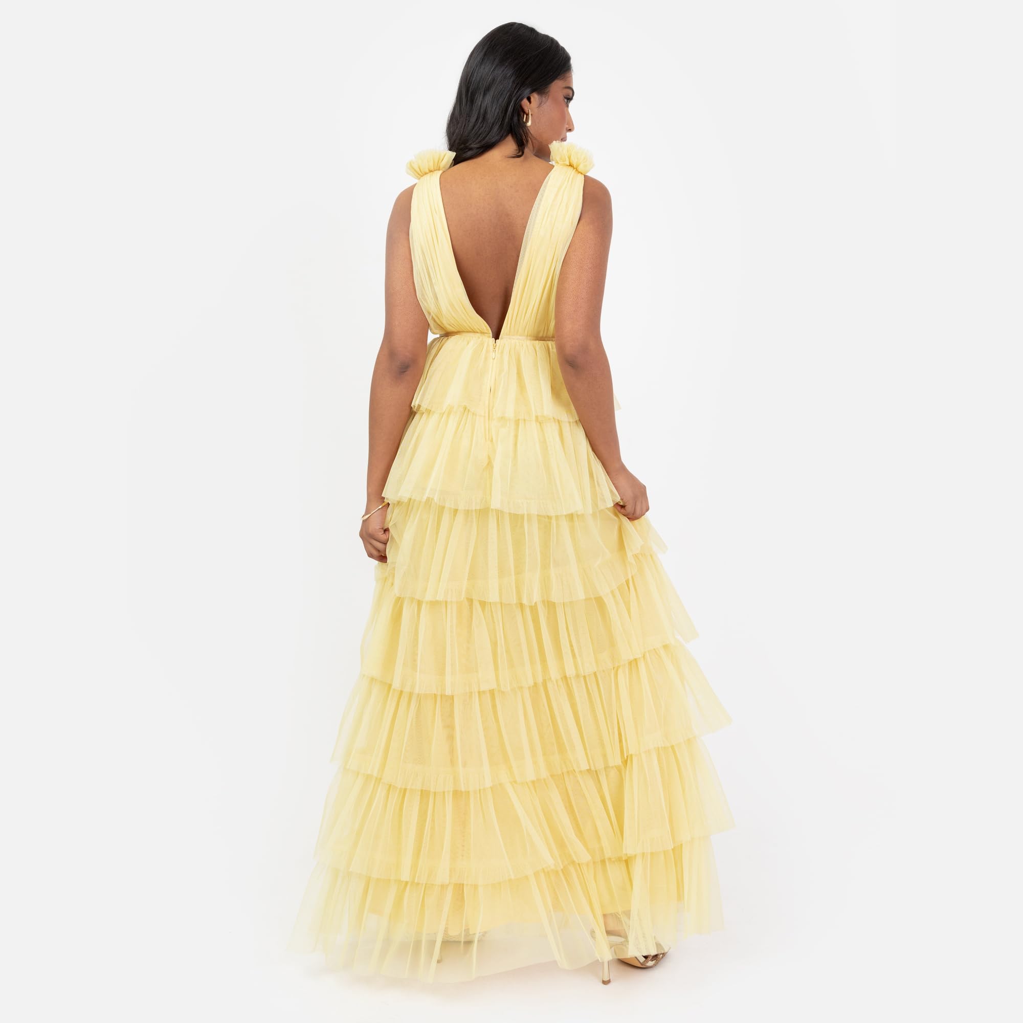 Women's Maxi Dress Ladies Recycled Sleeveless Plunge Front Ruffle Tiered Skirt A-line Wedding Guest Bridesmaid Ball Gown