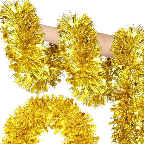 Image of 50FT Gold Christmas Tinsel Garland, Metallic Twist Shiny Hanging Garland Ornaments for Xmas Tree Party Supplies Thick Thin Metallic Streamers for Indoor Outdoor Decor