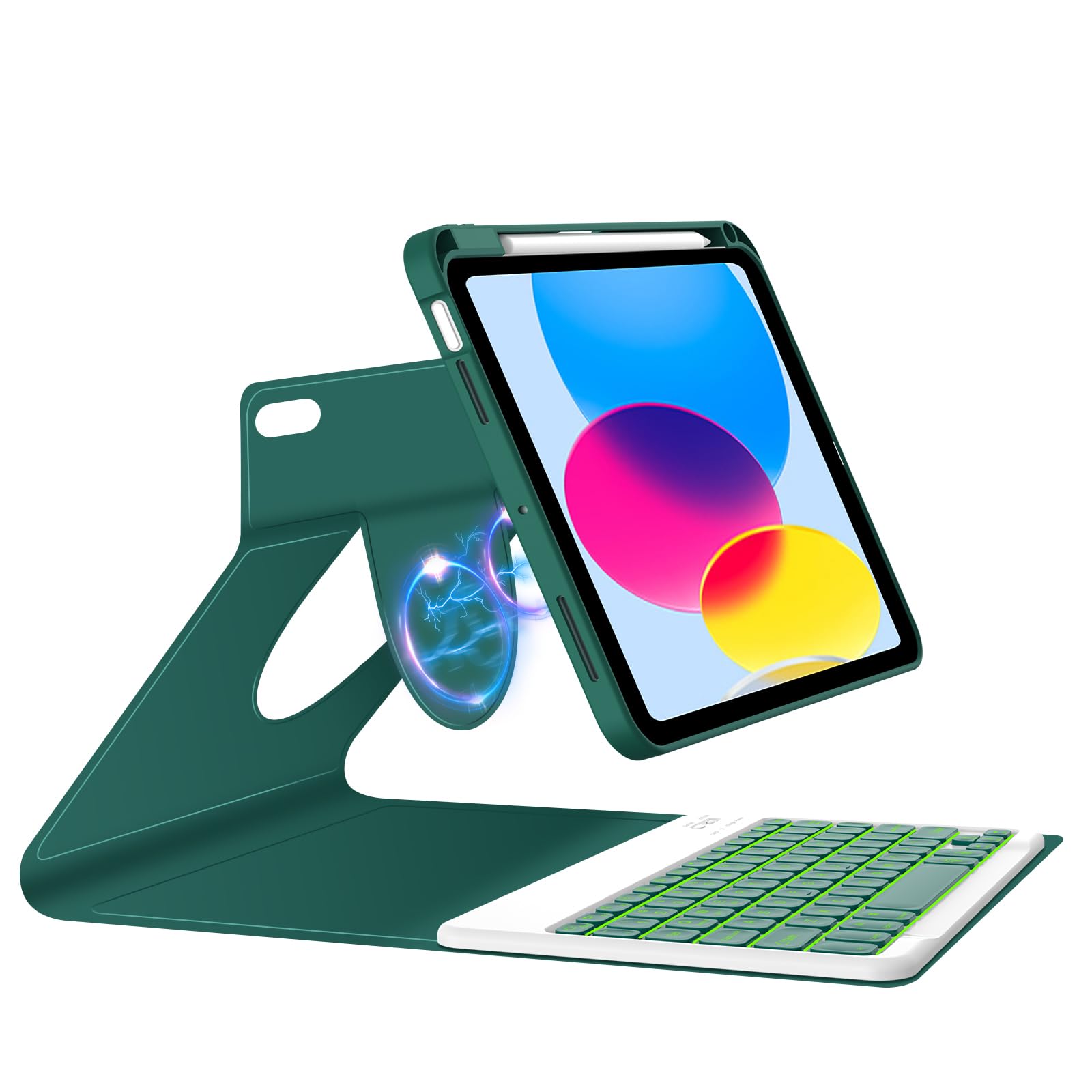 PIMOFEEBacklit Keyboard Case for iPad 10th 10.9" 2022 case, 360 Rotatable Thin Slim Detachable Cover with 7color Backlight Wireless Keyboard with Type-C Charger,Tea Green (10.9“)