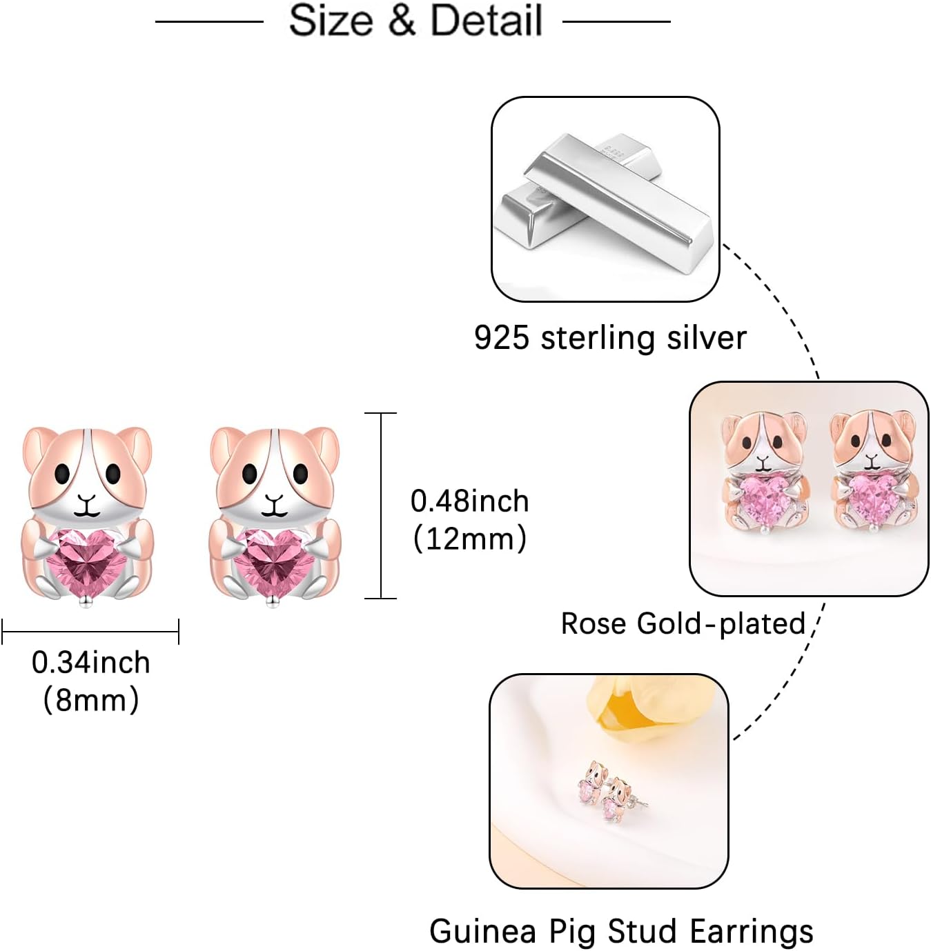 Cute Guinea Pig Stud Earrings - 925 Sterling Silver CZ Heart Birthstone Animal Earrings Guinea Jewelry Gifts for Women Christmas Birthday - Image 5