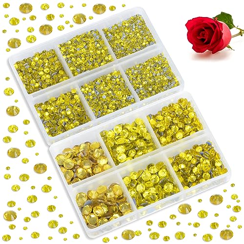 Image of Bymitel Hotfix Crystal Rhinestones Round Gems for Crafts,Mixed 6 Sizes with Wax Pencil Kit, Citrine 1.6-6.3mm SS4-SS30 /8000pcs
