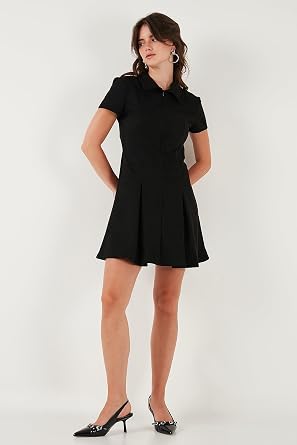 Lela Regular Fit Fermuarlı Polo Yaka Kısa Kollu Pileli Süet Elbise Bayan ELBİSE 5866438