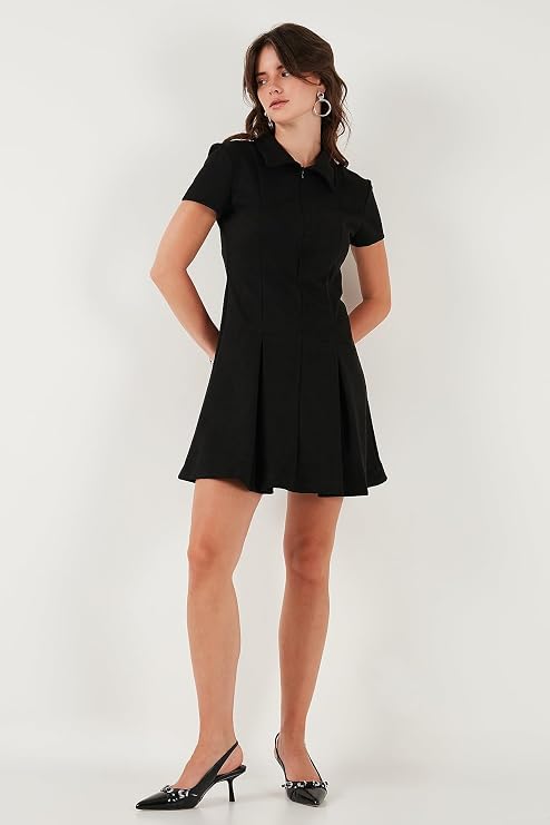 Lela Regular Fit Fermuarlı Polo Yaka Kısa Kollu Pileli Süet Elbise Bayan ELBİSE 5866438