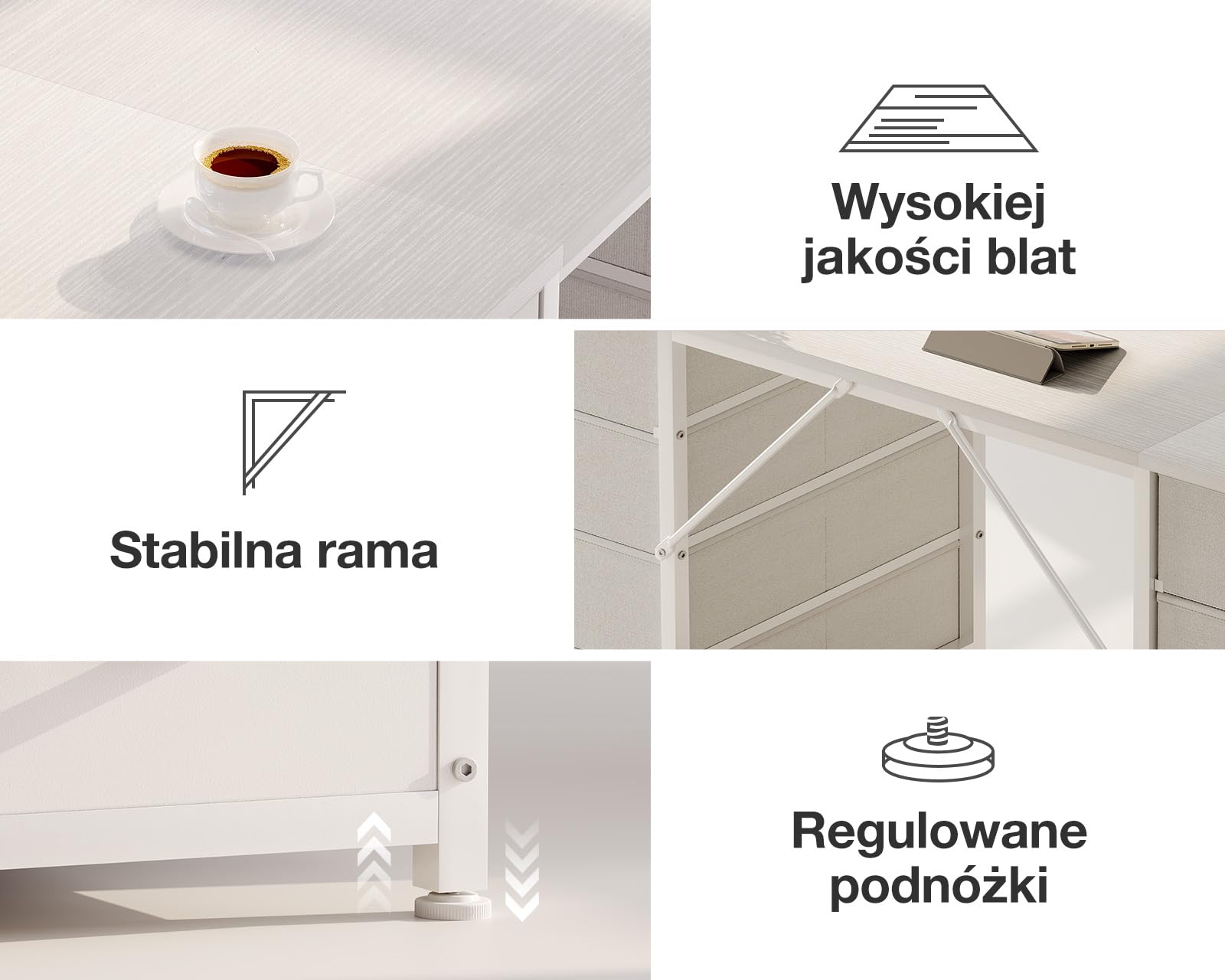 Coleshome Biurko z 8 Szufladami z Tkaniny, Solidne Biurko Komputerowe z Miejscami do Przechowywania, Biurko do Salonu i Domu (Biały, 120x48cm) | Biurko komputerowe z miejscem do przechowywania, stół biurowy, biurko do biura i domowego biura, dwustronny de