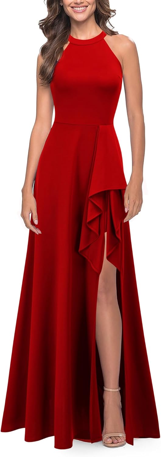 FORTRIC Women Halter Split Formal Party Cocktail Wedding Guest Dress Gown Ruffle