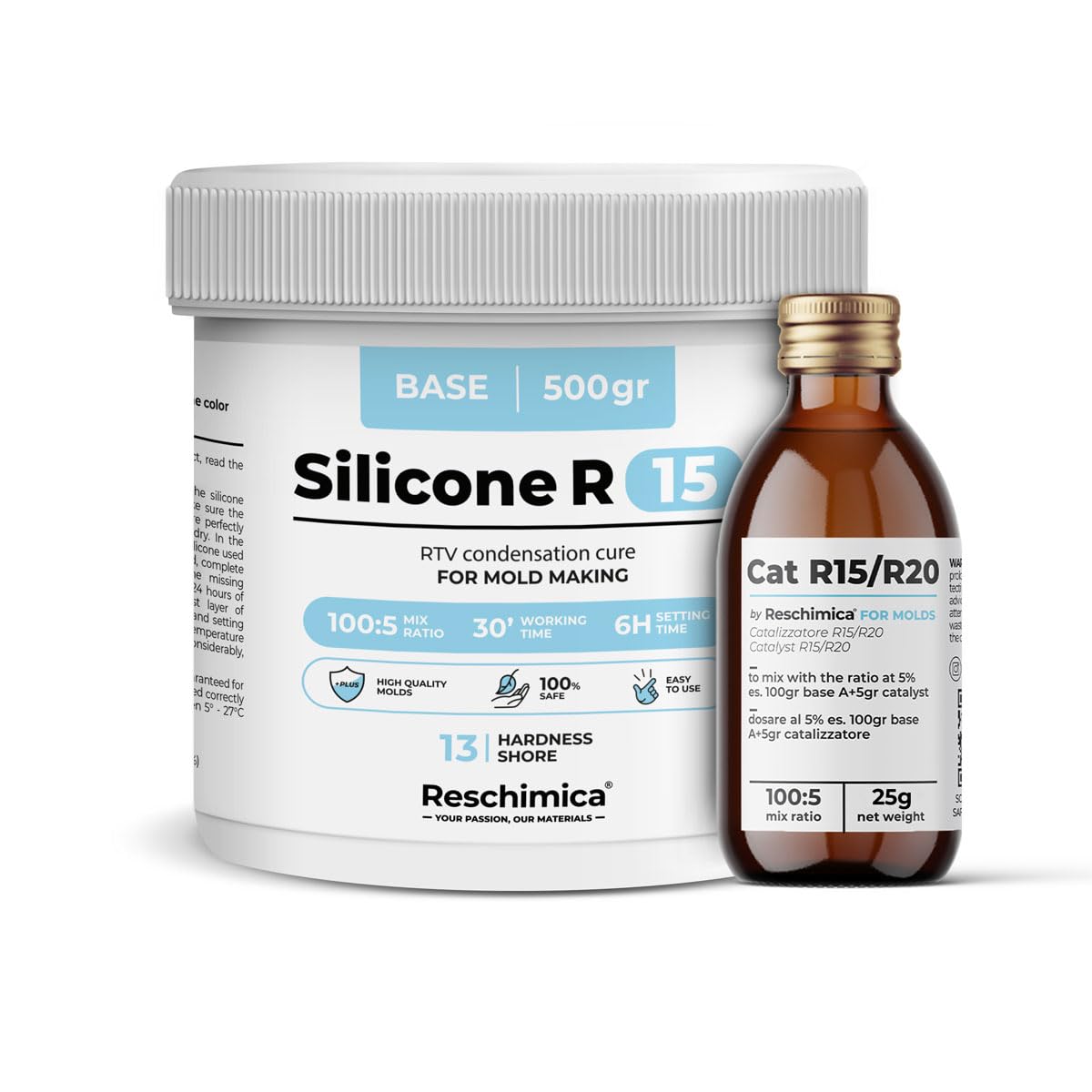 Gomma Siliconica Liquida Bicomponente R15, ideale per Stampi in Silicone morbidi, Indurimento Rapido, stampi fai da te, Ideale per Realizzare Stampi per resina,cera,gesso e cemento (500 gr)