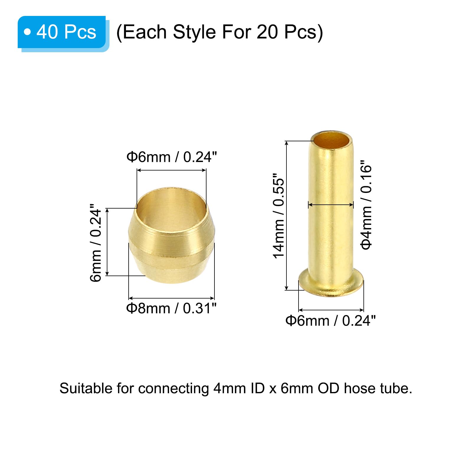 PATIKIL Mosiężne tuleje zaciskowe, 40 sztuk, średnica wewnętrzna 6 mm x 6 mm średnica zewnętrzna, mosiądz, kompresja, złączka węża, dopasowanie