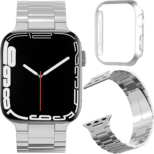 Vista 8 de Miimall Compatible for Apple Watch Series 9/8/7 41mm Bands Stainless Steel with Cases Cover Slim Hard PC Fit Case Stainless Steel Wristband Metal
