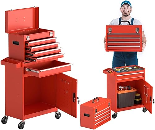 Cofre de herramientas extraíble, caja de herramientas de 5 cajones, caja de herramientas con ruedas (2 piezas con bloqueo) y cajones, almacenamiento
