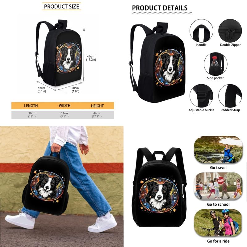 Galaxy Border Collie Print 3 Pcs Shoulder Lunch Bag and Pen Case Bag Set Colorful Starry Sky Puppy Animal Dog Pattern Travel Backpack 17 Inch Student Backpack Bookbags Set2