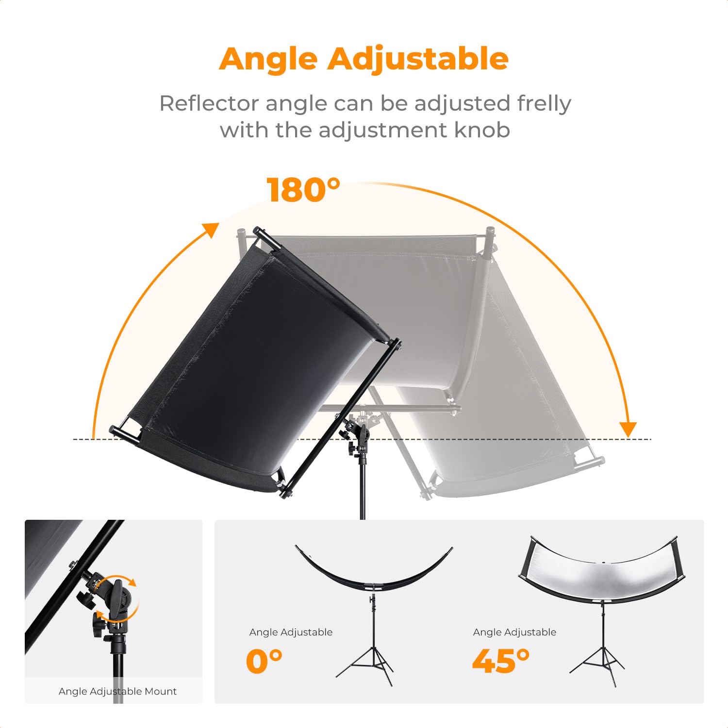 K&F CONCEPT U-Shape Reflector Curved Reflector 180x60cm with 4-in-1 Reflective Fabric, Black/Gold/White/Silver, with 1.9m Stand, with Storage Bag, for Photography Studios