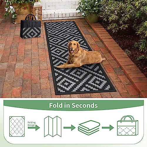 Image of GENIMO Outdoor Rug, Waterproof Plastic Runner Rugs, 2.5'x8' Black Grey | Outside Modern Carpet Mat for Patio Decor, Porch, Deck, Balcony, Camping, RV, Picnic, Beach, Reversible, Foldable