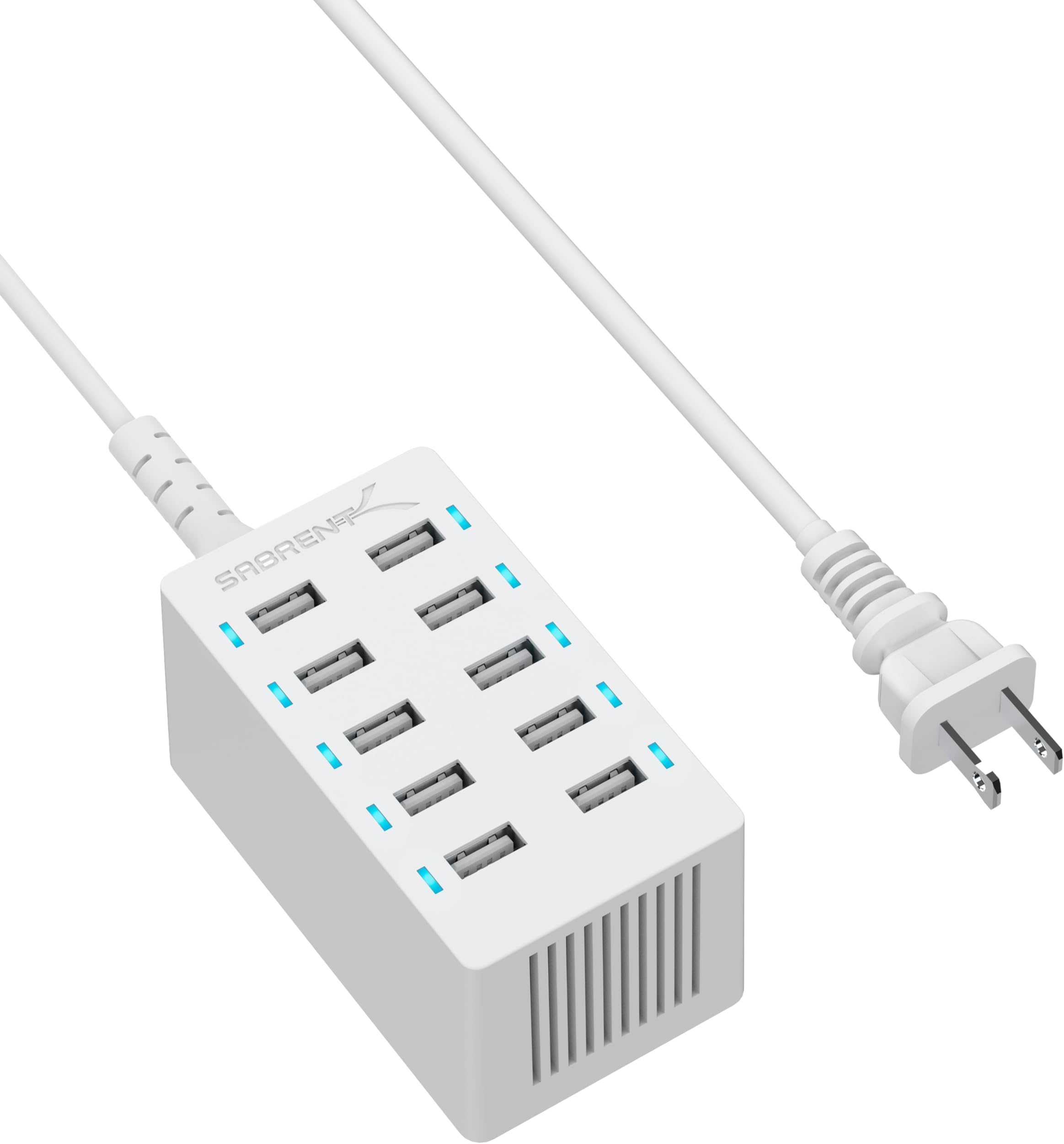 Sabrent 60 Watt (12 Amp) 10-Port [UL Certified] Family-Sized Desktop USB Rapid Charger. Smart USB Charger with Auto Detect Technology [White] (AX-TPCS-W)
