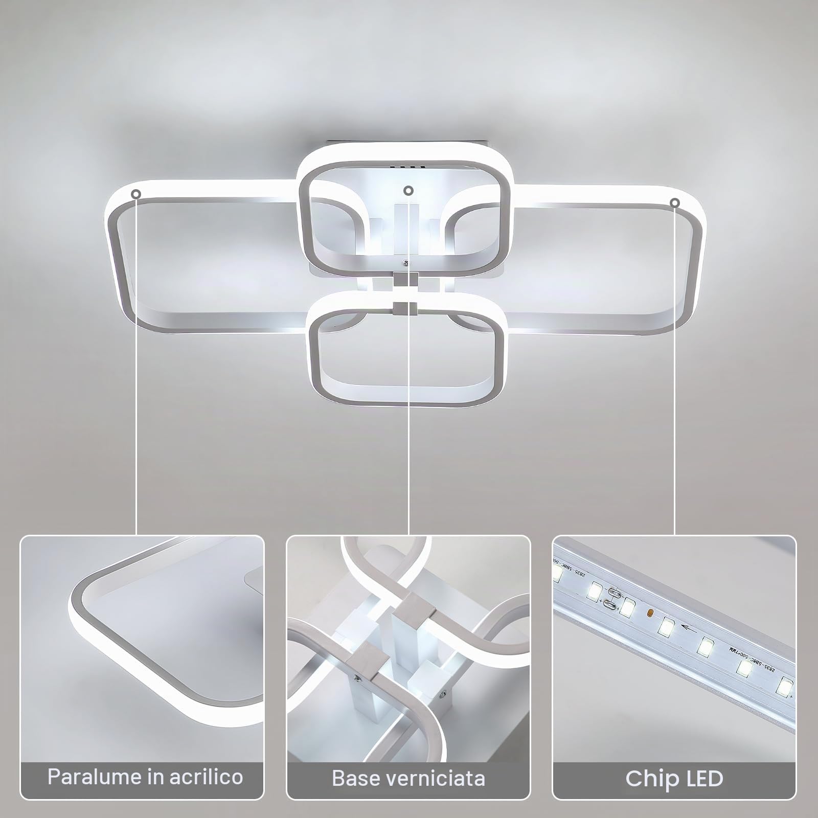 Plafoniera LED, 60W Plafoniera Led Soffitto Modern Quadrata Design, Lampad a da soffitto Bianco per Soggiorno Camere da Letto 6500K Luce fredda