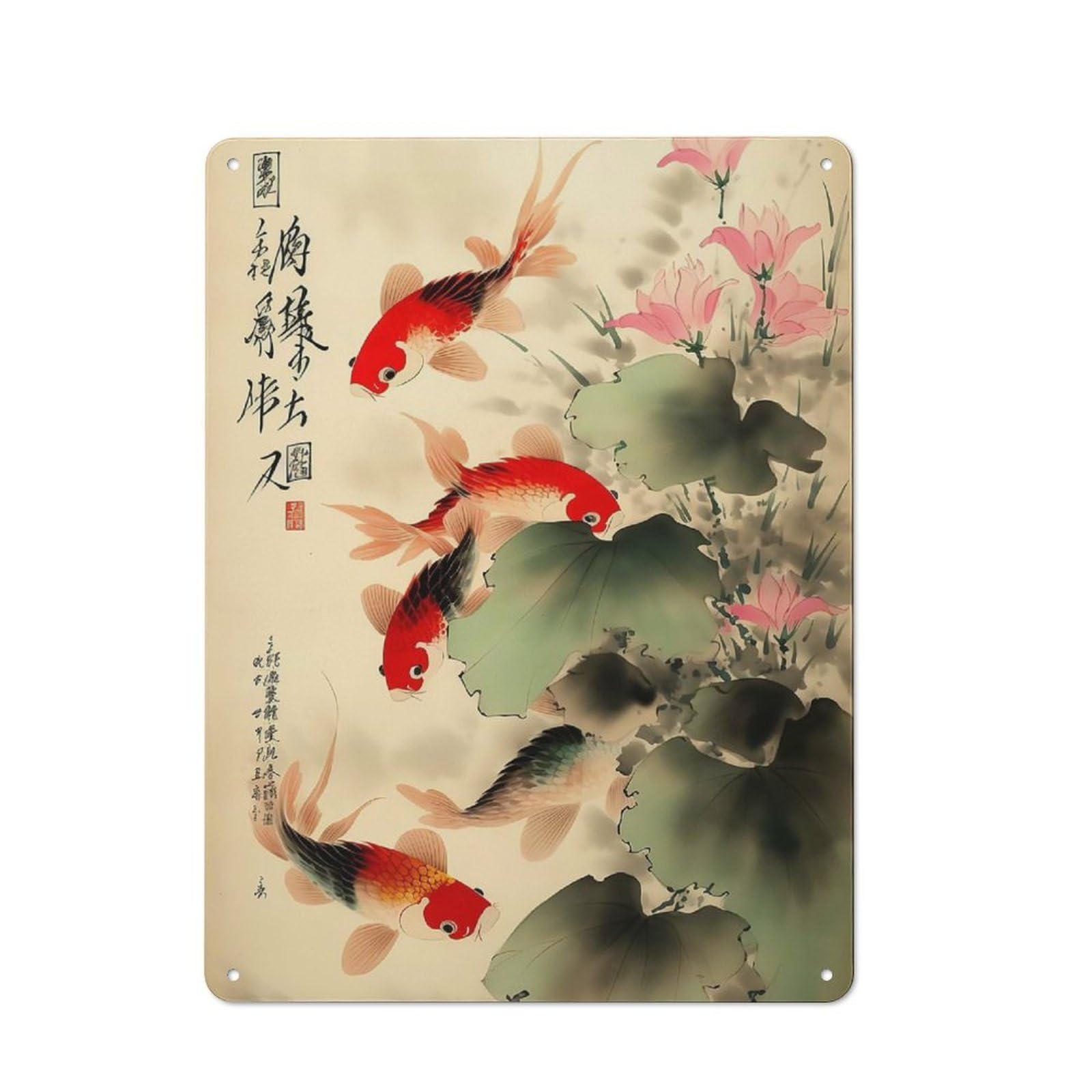 Junmoney Japanese Fish 2 40X30cm Rustic Metal Plaque With For Café Or Restaurant, For Themed Interiors In Cafés And Restaurants