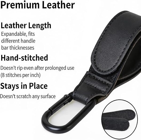 2 Pcs Baby Stroller Hooks, Bag Hooks for Hanging Diaper Bags, Multipurpose Hooks for Grocery Shopping Bags,Premium Vegan Leather Pram Straps (Black) - 3