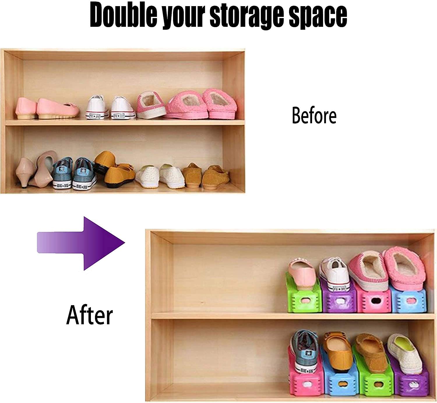 2V BROTHERS 4pcs Shoe Rack Storage Organizer For Closet, Adjustable Heights Space Saver Slot, Large Ventilated Base Stacker Shoes Holder, High Heels Secure Docking and Backstop (4) 3