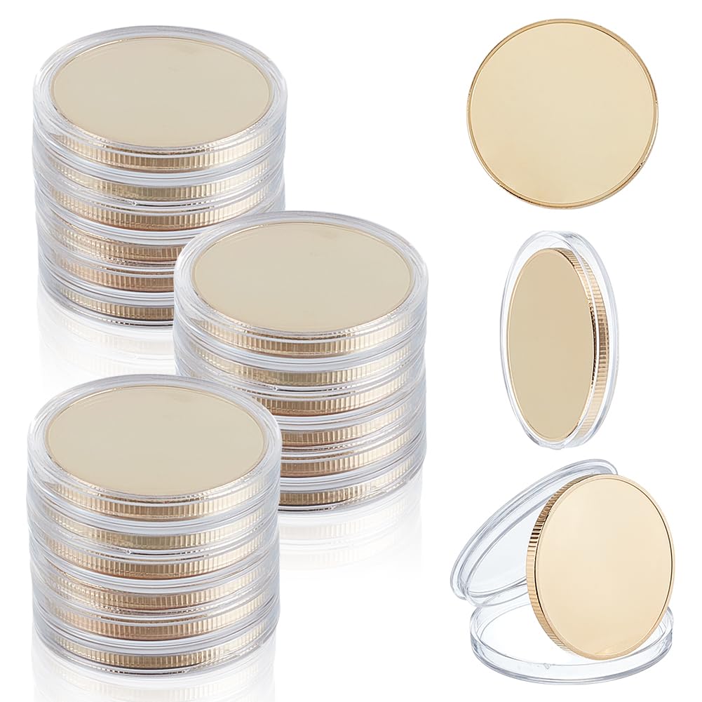 WEBEEDY 20 Pièces de Monnaie Vierges de Défi à Graver Pièces de Monnaie Miroir de Défi 40mm Rondes à Bords Filetés Pièce Miroir Vierge avec Boîte de Protection en Acrylique pour Artisanat DIY (Or)