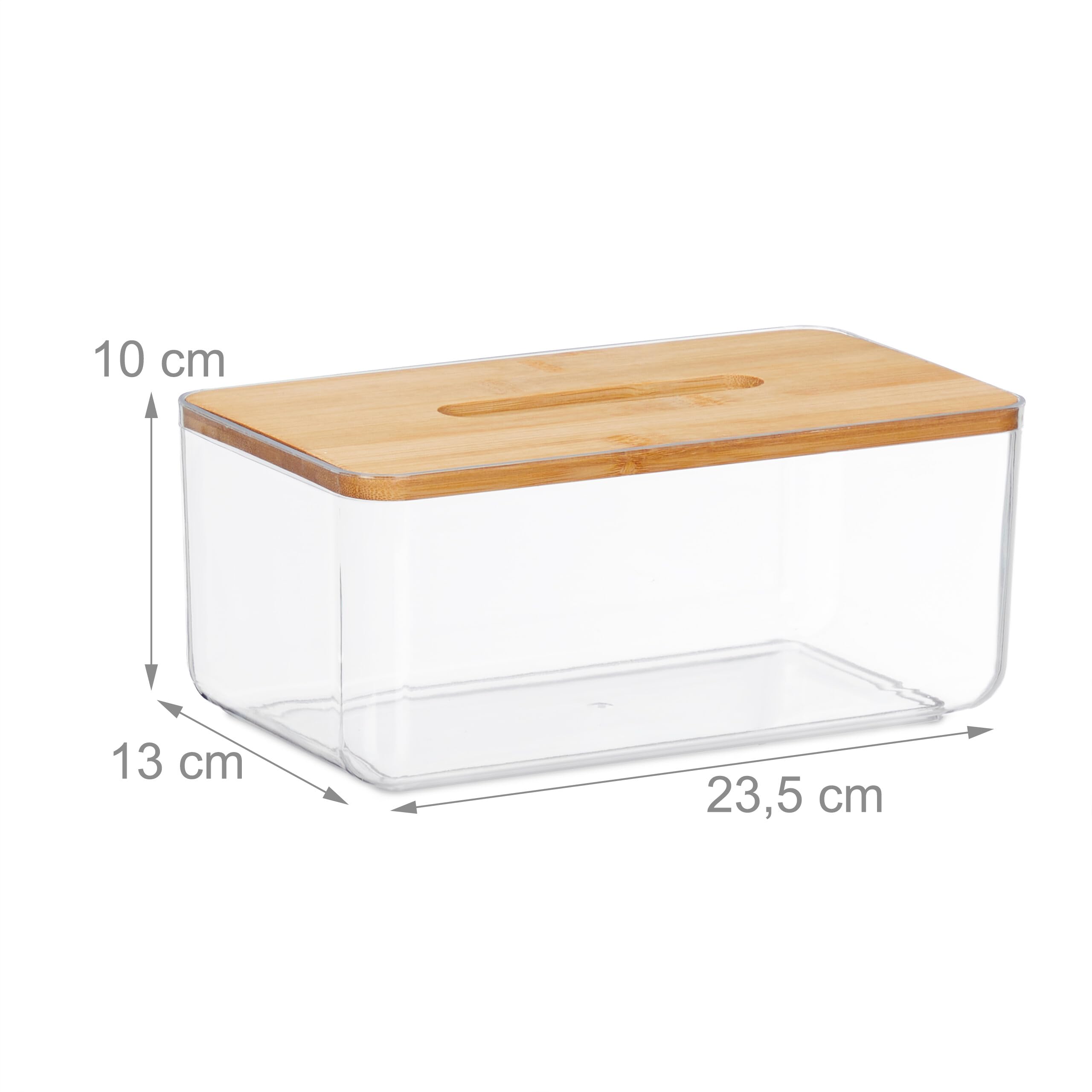 Relaxdays Contenitore per Fazzoletti, Coperchio in bambù, Dispenser Portafazzoletti, 10x23,5x13 cm, Trasparente Naturale
