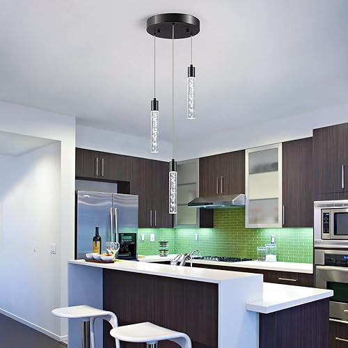 3 luces colgantes negras modernas para isla de cocina con altura ajustable, luces de isla cilíndrica transparentes, 3000-6000 K, iluminación