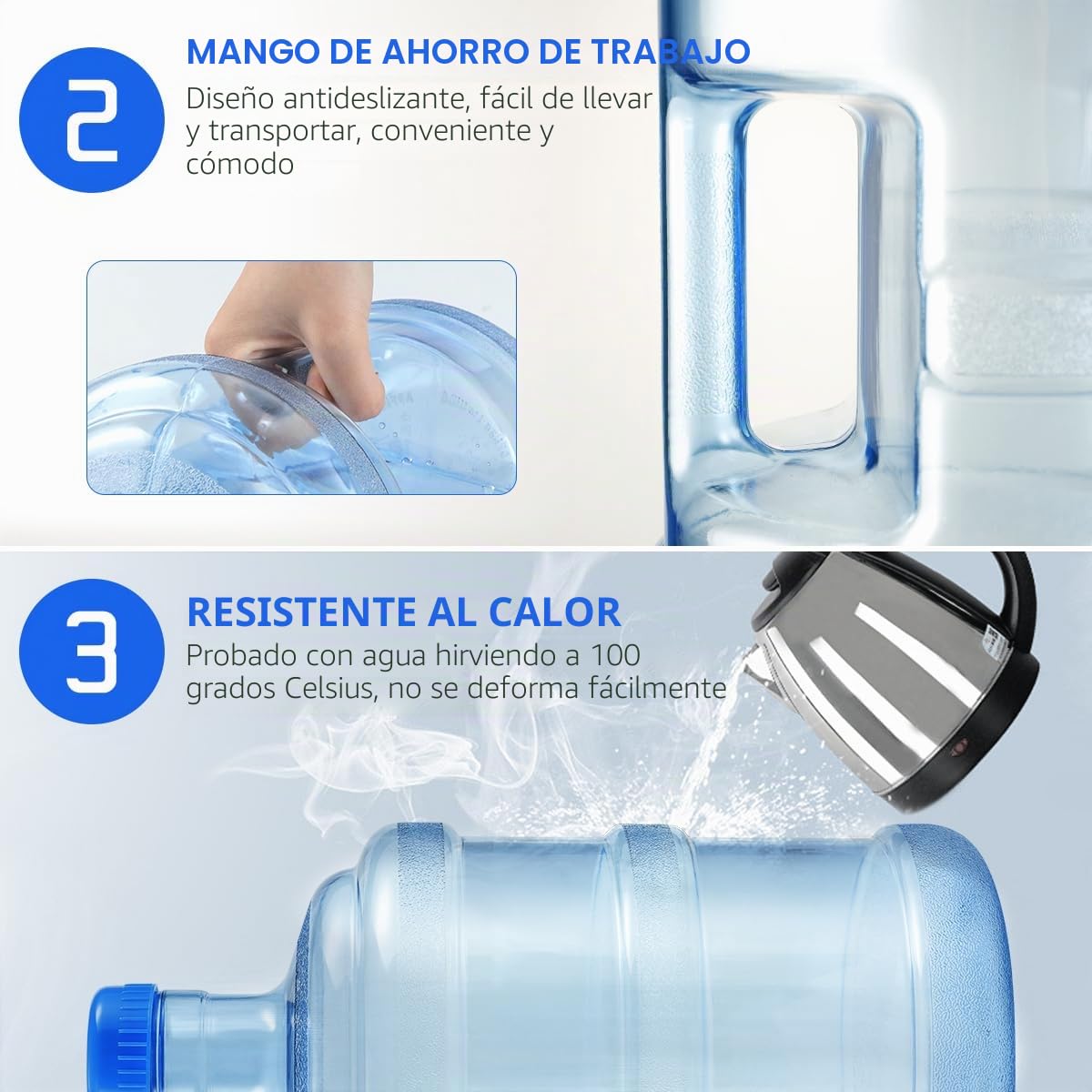 CLISPEED Botella de agua de 5 galones con tapa rosca, plástico grado alimenticio, botella agua mineral, contenedor fácil agarre, asa transporte para viajes al aire,