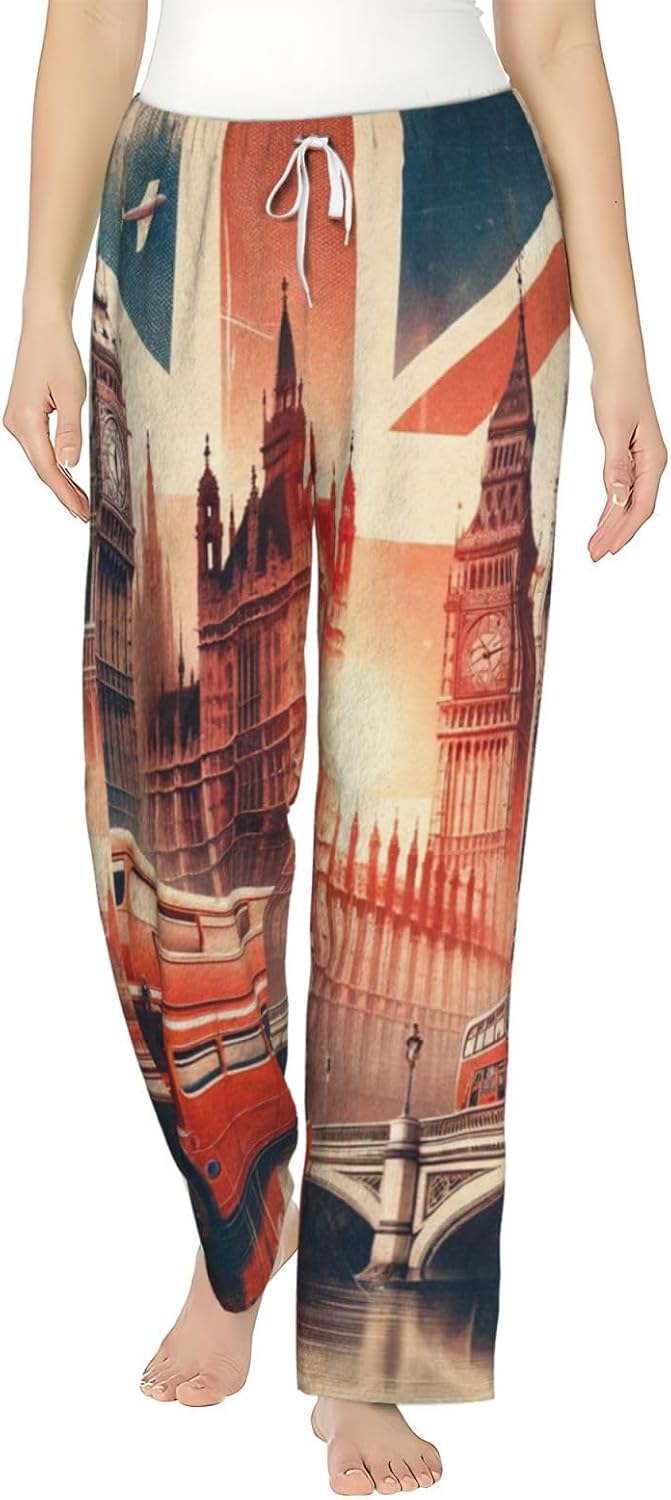 Women'S Collage-Vintage-Of-London Fleece Pajama Pants, Cozy Flannel Lounge Bottoms For Women