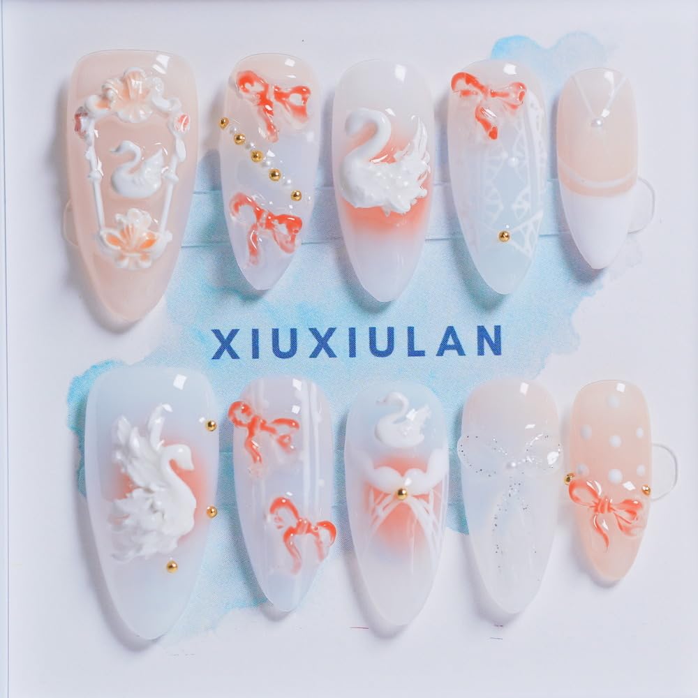 Press On Nails Medium,Carved swan 3D Almond handmade False Nails, 3D pink Nude Glossy Soft Gel 10 Pcs (Almond, XS)