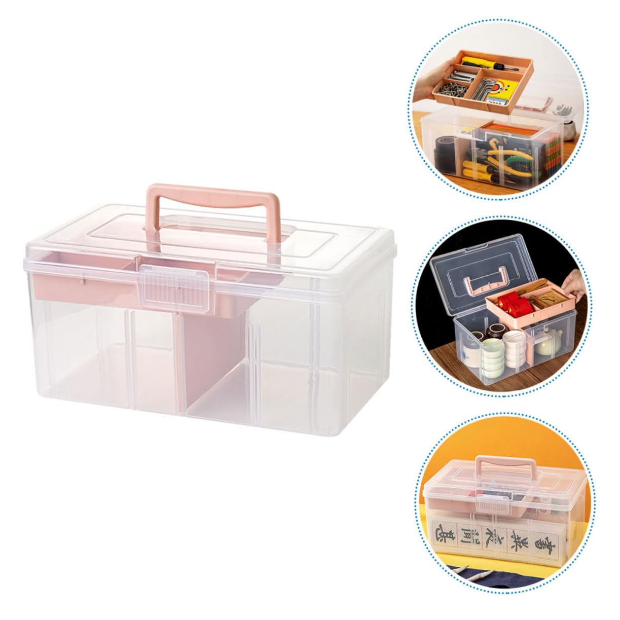 Angoily Scatola Organizer Divisoria Multiuso per Bricolage con Maniglia | Design Trasparente in Pp Rosa, Struttura a Due Livelli, Formato Piccolo per Oggetti e Accessori Creativi